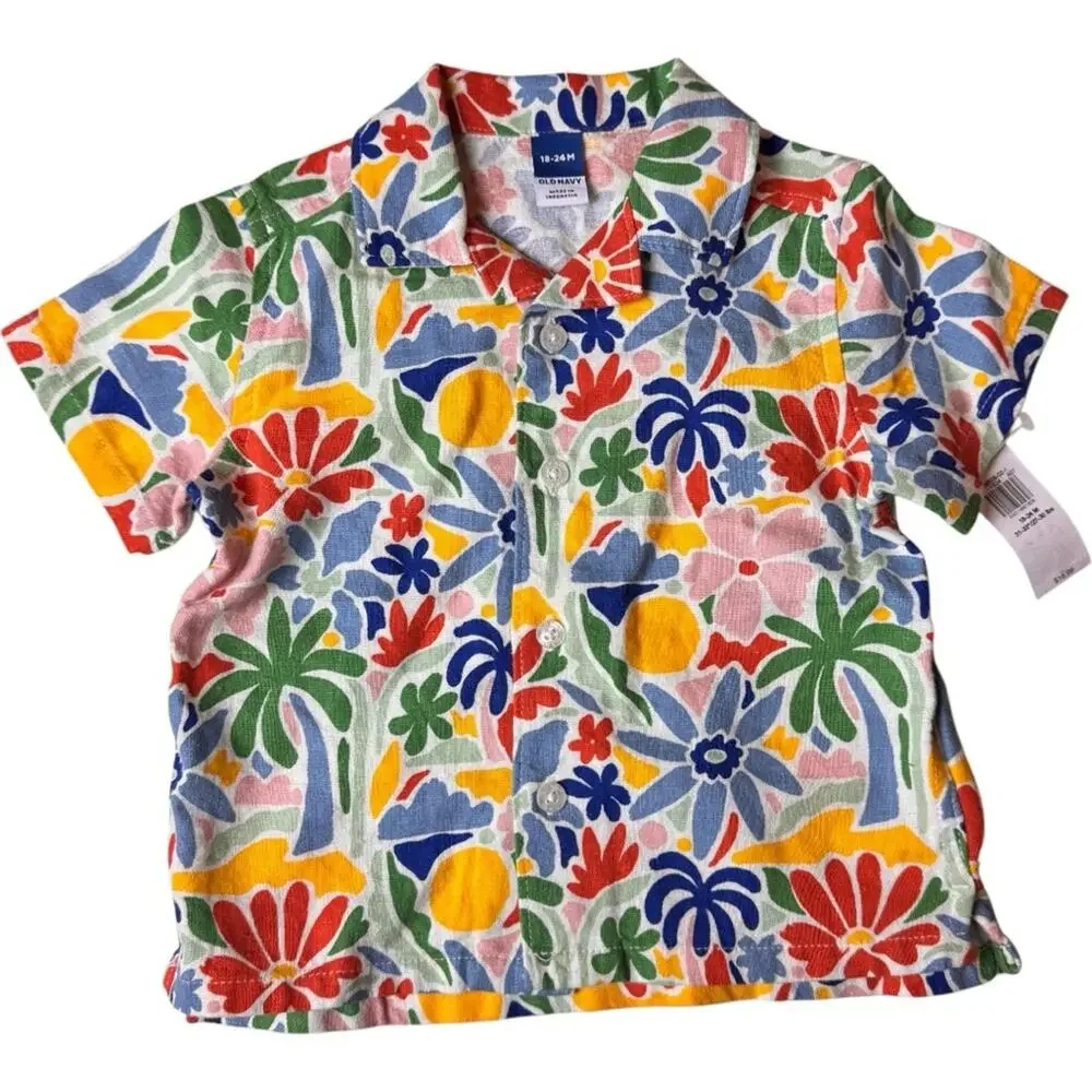 Old Navy Multi-color FloralPrint Button Front Short Sleeve Shirt Sz 18-24 M NWT